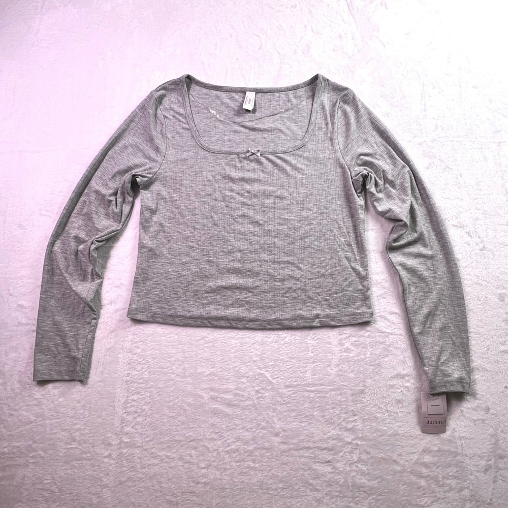 Auden Womens XL Gray Ribbed Long Sleeve Square Neck Pajama Top Bow Detail New